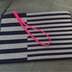 Rothy's Black and Grey Striped Clutch with Pink Accent